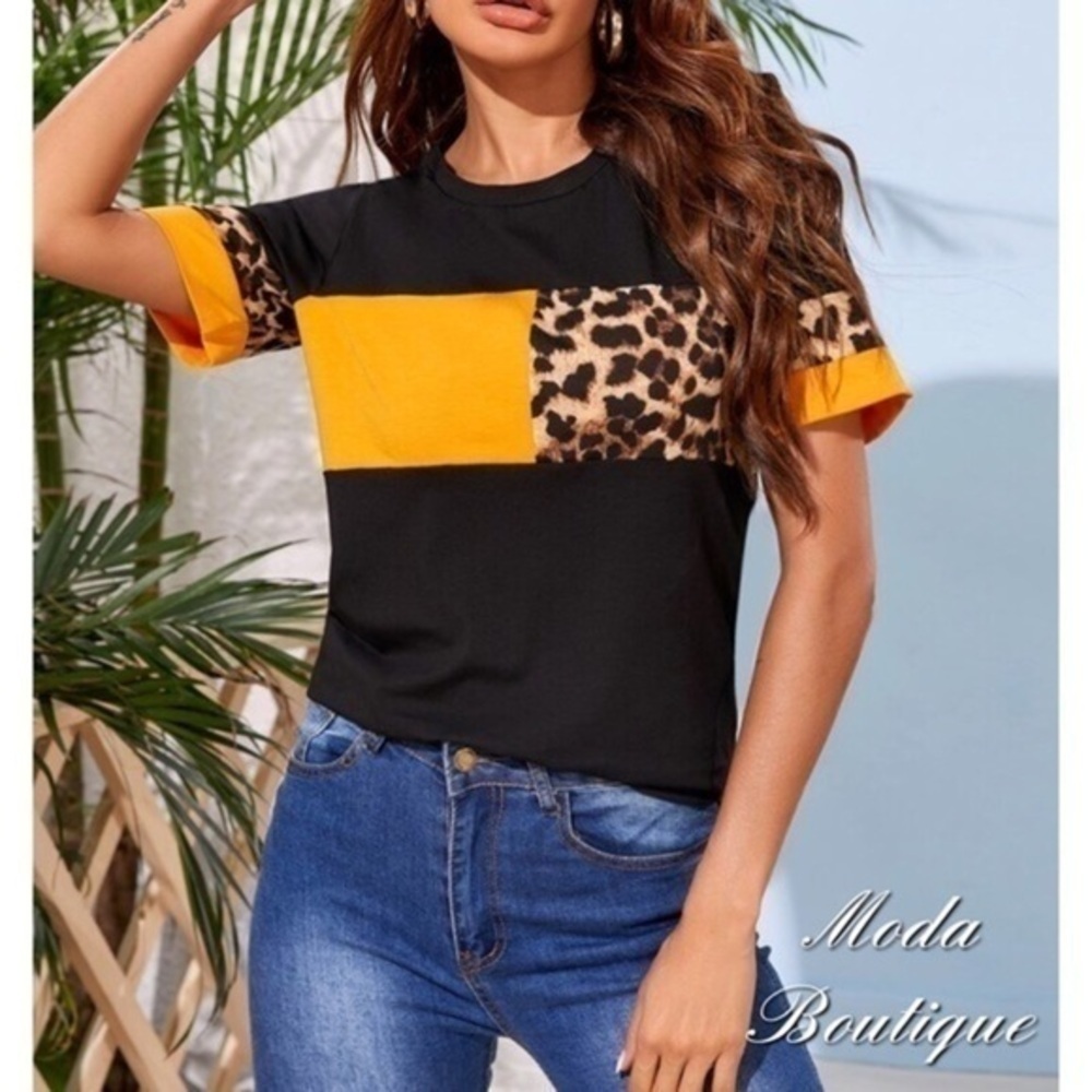 Leopard Printed Short Sleeve Color Block Tee
